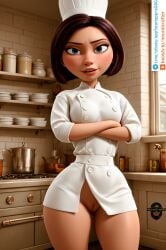 1girl ai_generated blue_eyes blush bottomless brown_hair buttons chef_hat chef_uniform colette_tatou crossed_arms disney double-breasted hat hi_res high_resolution highres indoors jar kitchen, looking_at_viewer neuralcrafter parted_lips pixar pussy ratatouille short_hair smile solo standing