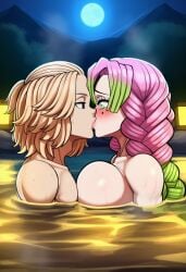 kanroji_mitsuri mitsuri_kanroji mikey_(tokyo_revengers) sano_manjiro manjiro_sano tokyo_revengers demon_slayer kimetsu_no_yaiba crossover crossover_ship big_breasts pink_hair green_hair blonde_hair age_difference novelai kissing love ai_generated hot_spring water