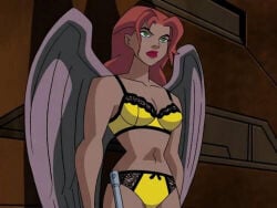 1girls bra dc_comics dcau female female_only hawkgirl hawkgirl_(dcau) panties screenshot_edit shayera_hol solo underwear underwear_only