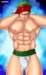7angelm one_piece bandana bandana_on_head looking_at_viewer pecs pectorals pecs_bigger_than_head abs six_pack green_eyes malicious_smile hands_behind_head frown frowning handsome handsome_man tall_male taller_male wanting_sex seductive seductive_smile seductive_pose seductive_male predatory_eyes roronoa_zoro bara barazoku bara_tits bara_tiddies 1boy male male_only male_focus manly masculine_male gay yaoi solo solo_focus solo_male muscular muscular_male muscles defined_muscles pubic_hair hunk beefy tough_guy bigger_male larger_male broad_shoulders scar scar_on_face scar_across_eye green_hair japanese_male pirate big_dick_energy horny horny_male earrings bulge penis_bulge underwear fundoshi white_underwear underwear_only fundoshi_only haramaki half-dressed half_naked half_nude