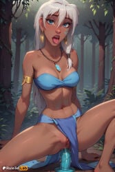 breasts solo anal jewelry dildo sex_toy pussy tongue object_insertion piercing dark-skinned_female long_hair blue_eyes dark_skin spread_legs anal_object_insertion tongue_out earrings strapless uncensored looking_at_viewer facial_mark necklace open_mouth navel bandeau medium_breasts outdoors hair_between_eyes dildo_riding bare_shoulders barefoot white_hair nature patreon_username teeth no_panties armlet navel_piercing forest tube_top arm_support loincloth tattoo collarbone grey_hair pelvic_curtain cleavage rule34lab hi_res ai_generated kida atlantis:_the_lost_empire disney 1girls female anal_insertion anal_masturbation dildo_in_ass dildo_insertion