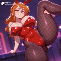 1girl 1girls absurd_res absurdres ai_generated animal_ears arm_support ass ass_visible_through_thighs bare_shoulders big_ass big_breasts black_pantyhose blurred_background blurry blurry_background blush breasts brown_eyes brown_pantyhose cameltoe cartoon cartoony cleavage collarbone curvy depth_of_field earrings fake_animal_ears fake_tail female female_focus female_only fishnet_pantyhose fishnets grin heart heart-shaped_pupils hi_res high_quality high_resolution highleg highleg_leotard highres indoors jewelry large_ass large_breasts leg_up leotard long_hair looking_at_viewer nami_(one_piece) odexai one_piece orange_eyes orange_hair pantyhose parted_lips rabbit_ears rabbit_tail red_leotard seductive_smile shiny_clothes small_waist smile solo solo_focus spread_legs standing standing_on_one_leg straight strapless strapless_leotard symbol-shaped_pupils tail thick_thighs thighs thin_waist wide_hips window