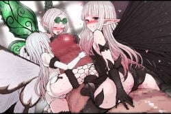 1boy 3girls absurdres airy_(bravely_default) anne_(bravely_second) antenna_hair ass black_gloves black_hair black_leotard black_thighhighs black_wings blue_eyes boots bravely_default:_fairy's_effect bravely_default:_flying_fairy bravely_default_(series) bravely_second:_end_layer breasts butterfly_wings censored closed_eyes coke-bottle_glasses commission commissioner_upload elbow_gloves erection fairy fairy_wings glasses gloves green_wings gulp5959 heart highres hug humping insect_wings koonago leotard licking looking_at_viewer looking_back mini_person minigirl mosaic_censoring multiple_girls naughty_face open_mouth oral penis penis_hug pointy_ears pussy_juice pussyjob rinne_(bravely_default) short_hair size_difference skeb_commission small_breasts smile straddling sweat thigh_boots thighhighs thighs tongue tongue_out wet wet_clothes wet_leotard white_gloves white_hair white_leotard white_wings wings