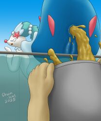 anus aquarium aquatic asterozoan blue_body bucket container diarrhea drain_scat echinoderm eyelashes eyes_closed feces feces_in_ass female feral gem generation_7_pokemon genitals green_hair hair hi_res holding_bucket holding_container holding_object multicolored_body nintendo open_mouth pearl_(gem) pokemon pokemon_(species) pooping primarina shell solo starfish starfish_(accessory) tied_hair two_tone_body vivarium vulva white_body