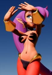 1girls 3d arm_bracelets bare_breasts blender blue_eyes choker earrings female female_focus female_only gold_(metal) gold_earrings gold_jewelry hands_casting_shadow harem_outfit harem_pants midriff navel nonexister pointy_ears ponytail purple_hair self_upload shantae shantae_(character) sunlight topless topless_female trend wayforward