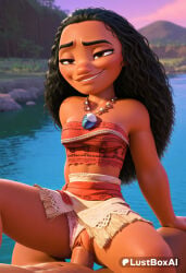 hetero 1boy penis clothing_aside sex black_hair dark_skin underwear vaginal uncensored panties_aside long_hair panties jewelry necklace pussy brown_eyes skirt smile dark-skinned_female breasts tube_top solo_focus outdoors clothed_female_nude_male small_breasts straddling girl_on_top tribal strapless cowgirl_position half-closed_eyes forehead river lustboxai hi_res ai_generated moana_waialiki moana moana_2 disney disney_princess 1girls female 1boy1girl vaginal_sex vaginal_penetration