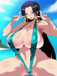 alternate_body_type alternate_breast_size bandai_namco big_breasts black_hair blue_eyes boa_hancock curvaceous curvaceous_female curvaceous_figure curves curvy curvy_body curvy_female curvy_figure curvy_hips detailed_background earrings female female_only huge_breasts large_breasts long_hair maymayuumi one_piece shonen_jump sling_bikini tagme thick thick_ass thick_legs thick_thighs thighs tongue