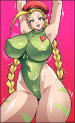 1girls ahoge artist_name beret blonde_hair bodypaint braid cammy_white capcom erect_nipples erect_nipples_under_clothes fang gradient_background green_eyes heart highleg_leotard huge_ass huge_breasts jiggle leotard long_hair pigtails scar shiny_clothes shiny_skin smile street_fighter thick_thighs tlalockarte wiggle_lines