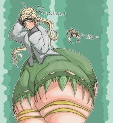masinar_(dejizocjan) dejizocjan 1boy femboy feminine_male feminine feminine_body blonde_hair long_hair ponytails gray_coat coat unzipped embarrassed embarrassed_male shy voluptuous voluptuous_body voluptuous_male thin_waist large_hips wide_hips big_hips big_ass massive_ass fat_ass gigantic_ass hyper_ass hyper_hips bulge bulge_through_clothing penis_bulge blush wide_thighs big_thighs bubble_butt massive_thighs hyper_thighs traditional_clothes green_pants revealing_clothing revealing_thighs background text brush heart