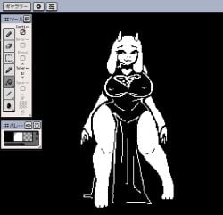 barely_contained big_breasts boob_window breasts curvy curvy_figure deltarune dress female furry furry_female goat_girl huge_breasts looking_to_the_side milf older_female on_toes pelvic_curtain pixel_art text thick_thighs toriel toriel_(deltarune) toriel_(undertale) undertale undertale_(series) uun_uuni