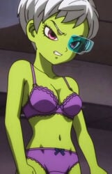 1girls bra cheelai dragon_ball_super female female_only green-skinned_female green_skin panties purple_bra purple_panties screenshot_edit solo underwear underwear_only white_hair