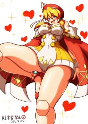 mega_man mega_man_x mega_man_x_dive 1girls alia white_day_alia_(x_dive) blush blonde_hair long_hair hat red_hat blue_eyes clothing white_clothing red_cape heels red_heels legs miniskirt open_mouth big_breasts robot_girl neckline kotatuman_dash white_background