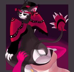 absurd_res angel_dust anthro arachnid arthropod butt butt_focus butt_squish clothing demon domestic_cat face_on_butt felid feline felis fur hazbin_hotel hellaverse hi_res husk_(hazbin_hotel) limunada male male/male mammal squeezing squish topwear wings