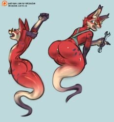 apron apron_only balls blizzard_entertainment blue_eyes canid clothing errokioslem full-length_portrait genitals ghost_tail ginger_fur humanoid_genitalia humanoid_penis looking_at_viewer male mammal penis portrait rear_view side_view simple_background simple_coloring solo_focus vulpera warcraft