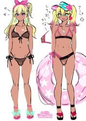 1boy 2boys :) :d androgynous ankle_strap_heels bikini bikini_bottom bikini_top black_bikini black_bikini_bottom black_bikini_top black_shoes black_swimsuit blonde_hair bow_hairband bulge bulge_through_clothing collarbone concept_art crossdressing dark-skinned_femboy dark-skinned_male dark-skinned_sissy dark-skinned_twink dark_skin design design_sheet double-parted_bangs earrings ears femboy feminine_male fishnet_bikini fishnets flower flower_in_hair flower_symbol front-tie_bikini front-tie_bikini_top full_body girly gradient_hair green_eyes groin gyaru gyaru-oh gyaru-oh_femboy hair_ornament hairband hands_behind_back hat heart_symbol innertube japanese_text long_hair male male_focus male_only multi-strapped_bikini multi-strapped_bikini_bottom multi-strapped_bikini_top multicolored_bikini multicolored_bikini_bottom multicolored_bikini_top multicolored_hair nagano_rira navel necklace nipples nipples_visible_through_clothing open_mouth original penis pink_bikini pink_bikini_bottom pink_bikini_top pink_hair pink_hairband pink_shoes ponytail portrait purple_eyes ronako_(nagano_rira) rough_sketch see-through_bikini see-through_clothing serako_(nagano_rira) shoes side-tie_bikini side-tie_bikini_bottom side_ponytail simple_background sketch small_penis smile solo star_(symbol) string_bikini string_bikini_bottom string_bikini_top swim_ring swimsuit tan_body tan_skin testicles twintails twitter_username username very_high_resolution visor_cap wedge_heels white_background