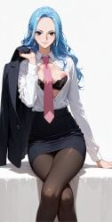 1girl ai_generated black_bra black_eyes black_jacket black_pantyhose black_skirt blue_hair bra breasts brown_pantyhose closed_mouth collared_shirt crossed_legs dress_shirt earrings eyelashes feet_out_of_frame forehead formal hand_up high-waist_skirt holding holding_clothes holding_jacket jacket jewelry lace-trimmed_bra lace_trim lips long_hair long_sleeves looking_at_viewer medium_breasts miniskirt necktie nefertari_vivi nipple_slip nipples office_lady open_clothes open_jacket open_shirt pantyhose parted_bangs partially_unbuttoned pencil_skirt pink_necktie shirt shirt_tucked_in simple_background sitting skirt skirt_suit smile solo suit unbuttoned underwear unworn_jacket wavy_hair white_background white_shirt wing_collar