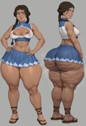 taiga20 ai_generated ass fat_ass big_ass thick_thighs thick_ass thick bubble_butt bubble_ass curvy curvaceous curvy_figure voluptuous voluptuous_female bottom_heavy 1girls female cellulite oiled oiled_skin dark-skinned_female katara avatar_the_last_airbender blue_eyes brown_hair breasts areolae skirt flip_flops feet