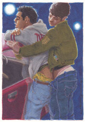 2010 2boys against_car anal ass black_hair brown_hair closed_eyes clothed dated gay light_skin male male_only michael_kirwan night no_visible_genitalia original pants_down traditional_media vehicle yaoi