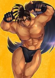 1boy abs armpits arms_up artist_name bangs bara beard_stubble beefy biceps big_areola big_bulge black_fundoshi breasts breasts_bigger_than_head bulge bulge_through_clothing collarbone curved_penis curved_to_the_right_penis daddy dancing dilf erection erection_under_clothes fingerless_gloves fundoshi fundoshi_only gay genital_outline gesture gloves haohmaru haoumaru hi_res hips hips_wider_than_shoulders hunk long_hair looking_at_viewer male male_breasts male_only manly mature_male mofnyan moobs muscles muscular muscular_arms muscular_legs muscular_male muscular_thighs no_body_hair pecs ponytail rokushaku_fundoshi samurai_shodown sexy_pose six_pack smile smirk snk solo standing thick thick_eyebrows thick_legs thick_thighs tied_hair tough_guy veiny_breasts veiny_legs very_high_resolution very_long_hair yaoi yellow_background