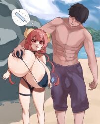 ilulu_(dragon_maid) ilulu_(maidragon) hyper hyper_breasts huge_breasts big_breasts bikini grabbing grabbing_breasts 1girls 1boy taller_male kobayashi-san_chi_no_maidragon
