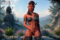 horns pointy_ears tail outdoors tattoo demon_horns red_skin artist_name colored_skin demon_girl red_hair breasts broken_horn black_hair long_hair navel thighhighs demon_tail day mountain looking_at_viewer solo bottomless two-tone_hair pussy bird cowboy_shot statue covering_crotch tree r34arts hi_res ai_generated karlach baldur's_gate baldur's_gate_3 dungeons_and_dragons larian_studios 1girls female_human
