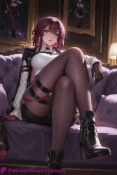 kafka_(honkai:_star_rail) kafka_(honkai:star_rail) honkai(series) honkai:_star_rail 1girl pantyhose crossed_legs purple_eyes gloves solo sitting purple_hair eyewear_on_head shirt looking_at_viewer breasts boots high_heels white_shirt jacket black_footwear shorts black_jacket long_sleeves collared_shirt couch high_heel_boots parted_lips black_gloves large_breasts pantyhose_under_shorts black_shorts thigh_strap round_eyewear sunglasses high-waist_shorts thighs purple_gloves artist_name legs lips medium_breasts chest_harness patreon_username harness full_body indoors web_address long_hair pince-nez single_thigh_boot medium_hair purple_pantyhose hair_between_eyes on_couch asymmetrical_footwear jacket_on_shoulders jewelry sidelocks black_pantyhose watermark short_hair torn_pantyhose mionety ai_generated
