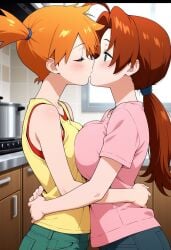 kasumi_(pokemon) delia_ketchum_(pokemon) pokemon ai_generated misty_(pokemon) delia_ketchum mature yuri asymmetrical_hair bangs bare_arms clothing denim green_shorts hair_tie low_ponytail pants parted_bangs pink_shirt ponytail shirt shorts short_sleeves side_ponytail sleeveless sleeveless_shirt tank_top tied_hair yellow_shirt yellow_tank_top ahoge blush breasts brown_hair busty female green_eyes large_breasts long_hair mature_female orange_hair short_hair small_breasts arms_around_waist asymmetrical_docking breast-to-breast symmetrical_docking breast_press cooking embracing hug kiss looking_at_another couple stove tiles window 2girls indoors kitchen multiple_girls tile_wall