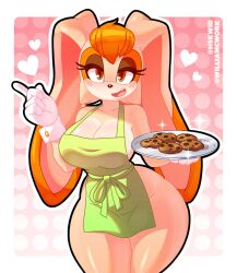 1girls animal_ears anthro apron apron_only big_breasts blush breasts brown_eyes brown_hair bunny_ears cleavage cookie cookies sparkles eyeshadow female female_only gloves handwear hips holding_object holding_plate huge_breasts lagomorph mature mature_female mature_woman milf mother naked_apron plate green_apron sega skwid smile solo solo_female sonic_(series) sonic_the_hedgehog_(series) thick_thighs thighs vanilla_the_rabbit white_gloves wide_hips artist_collaboration williamcwork artist_name
