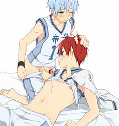 2boys akashi_seijuurou barefoot basketball_uniform blue_eyes blue_hair blush cum cum_on_body cum_on_chest cum_on_upper_body erect_nipples gay hair_pull handjob kneeling kuroko_no_basuke kuroko_tetsuya male matching_hair_and_eyes multiple_boys nipples pants_open pants_pull penis red_eyes red_hair shirt_lift sports sports_uniform tear uniform yaoi yellow_eyes