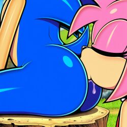1boy 1girls ai_generated amy_rose blue_body blue_skin closed_eyes eyes_closed face_in_ass face_in_butt face_out_of_frame female headband kissing_ass kissing_butt novelai outdoors outside pink_body pink_skin saliva side_view sitting sitting_down sonic_the_hedgehog sonic_x tail