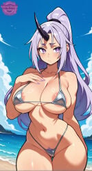 1girl ai_generated areola_slip big_breasts bikini bikini_top black_horn blush blush_lines blushing blushing_at_viewer blushing_female breasts busty busty_female cleavage cute cute_expression cute_face cute_female cutie female female_focus female_only hips horn jorgecarlosai long_hair micro_bikini microbikini navel ogre ogre_female ogre_girl ponytail pubic_hair pubic_hair_peek purple_eyes purple_hair purple_pubic_hair shion_(tensei_shitara_slime_datta_ken) silver_bikini single_horn tensei_shitara_slime_datta_ken that_time_i_got_reincarnated_as_a_slime thick_thighs thighs toned watermark wide_hips