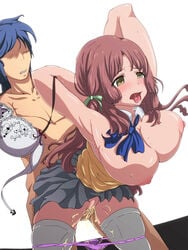 ano_natsu_de_matteru arm_grab armpits bent_over bra bra_removed breasts breasts_out brown_hair cum cum_inside female hair_ornament hands_behind_head highres huge_breasts kitahara_mio lingerie long_hair male nipples open_mouth panties panty_pull penetration penis puffy_nipples purple_panties pussy saliva school_uniform sex short_skirt simple_background skirt skirt_flip standing straight thighhighs thighs tongue tsubooi uncensored vaginal_penetration white_background white_bra yellow_eyes