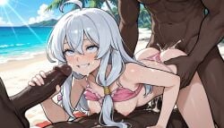 brokewyt ai_generated ai-generated uncensored elaina_(majo_no_tabitabi) majo_no_tabitabi 1girl long_hair breasts blush smile bangs blue_eyes bow hair_between_eyes medium_breasts nipples swimsuit ass ahoge white_hair hetero hair_bow grey_hair bikini sweat small_breasts outdoors multiple_boys sky penis teeth solo_focus day cloud dark_skin cum sex water grin vaginal tree pubic_hair cum_in_pussy ocean beach abs sunlight dark-skinned_male 3boys breasts_out sex_from_behind all_fours group_sex facial multiple_penises clothing_aside handjob cumdrip threesome cum_on_hair interracial pink_bikini mmf_threesome bikini_bottom_aside bikini_lift