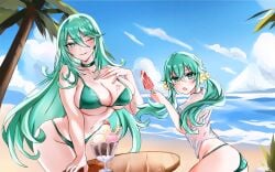 2girls beach bikini blue_sky blush breasts choker cleavage cloud cosplay date_a_live flower food green_bikini green_choker green_eyes green_hair hair_between_eyes hair_flower hair_ornament huge_breasts kyouno_natsumi kyouno_natsumi_(adult) liranxisn long_hair looking_at_viewer multiple_girls navel one_eye_closed outdoors parted_lips side-tie_bikini skindentation sky smile stomach swimsuit twintails water wet wet_clothes wet_shirt yellow_flower