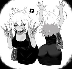 1girl absurdres adult_mina arms_up ashido_mina ashido_mina_time-skip ass bag black_sclera boku_no_hero_academia bracelet breasts channyy19 cleavage collarbone colored_sclera commentary cropped_legs crossed_bangs double-parted_bangs double_v dress english_commentary greyscale hair_between_eyes handbag heart highres horns jewelry large_breasts long_hair looking_at_viewer mina_ashido mina_ashido_time-skip monochrome multiple_views my_hero_academia my_hero_academia_(finale) parted_lips pearl_bracelet post-timeskip short_dress smile spoken_heart v