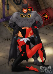 1boy 1girls batman batman_(series) bruce_wayne clothed dc_comics domino_mask female harley_quinn human male mask online_superheroes oral straight