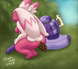 2025 anthro breasts butt crouching drain_scat eyes_closed feces feces_in_ass female generation_9_pokemon hair hammer hands_on_legs hi_res multicolored_body nintendo nude outside pink_body plant pokemon pokemon_(species) pooping scat sky solo tinkaton tools tree two_tone_body white_body white_hair