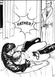 1968 3boys anal balls bara bed bedroom caught chest_hair english_text erection father gay kake_(tom_of_finland) leather male male_only muscular nipples original penis son text tom_of_finland traditional_media yaoi