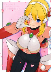 1girl alia alia_(mega_man) android artist_name big_breasts blonde_hair blue_eyes blush breasts capcom commentary_request gloves hair_between_eyes headset heart highres kneeling large_breasts long_hair looking_at_viewer mega_man mega_man_(series) mega_man_x mega_man_x8 mega_man_x_(series) navigator one_eye_closed rikka_(user_hruv2435) robot_girl solo twitter_username watermark white_gloves