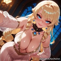 1girl 2026 ai_generated anime bangs bare_shoulders blonde_hair blue_eyes blurry_background blush boobs breasts cleavage collarbone covered_nipples crossover detached_sleeves dress drill_hair dutch_angle earrings exposed_nipples eye_contact female female_focus flushed genshin_impact hand_on_hip highres hoyoverse huge_breasts indoors inside jewelry large_breasts leaning_forward lips long_hair looking_at_viewer mihoyo navia_(genshin_impact) nipples no_bra nsfw parted_lips patreon rognezart see-through see-through_dress smile smiling solo very_long_hair white_dress window