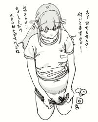1boy breasts buruma censored commentary_request erection greyscale gym_uniform highres long_hair male_focus mattsuu monochrome navel original penis simple_background small_breasts small_penis solo testicles translation_request trap white_background