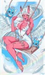 1girls akumi blurry blush breasts cross_scar horns indie_virtual_youtuber large_breasts long_hair looking_at_viewer pink_skin pointy_ears ponytail scar scar_on_arm scar_on_chest scar_on_face sitting skin_tight sky solo swing tongue very_long_hair vyugen white_hair wings yellow_eyes