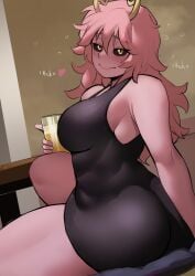 1girl 1girls ashido_mina ashido_mina_time-skip ass big_ass black_dress black_sclera blush boku_no_hero_academia breasts colored_sclera colored_skin cup dress foonie_xd funi_xd highres holding holding_cup horns huge_ass large_breasts long_hair looking_at_viewer messy_hair mina_ashido mina_ashido_time-skip my_hero_academia my_hero_academia_(finale) pink_hair pink_skin post-timeskip skin_tight solo thick_thighs thighs yellow_eyes yellow_horns