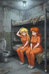 2girls ai ai_edit ai_generated bed bedsheets big_boobs big_breasts big_chest blonde blonde_female blonde_hair blue_eyes boobs breasts brown_hair bunk_bed chest concerned dirt dirty dirty_clothing edit edited female female_focus female_only filth gemini greasy_hair hands_between_legs hands_between_thighs inmate inmates_clothing jail jumpsuit large_breasts large_chest long_hair long_hair_female mario_(series) medium_hair messy messy_hair nintendo orange_clothing orange_jumpsuit orange_uniform princess_daisy princess_peach prison prison_cell prison_jumpsuit prison_uniform prisoner round_breasts scratching_head sink sitting sitting_on_bed steel_toilet super_mario_bros. thick_thighs thighs toilet uniform white_skin wide_hips