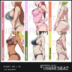 6girls ass big_ass big_breasts black_hair bleach bleach:_the_thousand-year_blood_war blonde_hair boobs breast_chart breasts brown_hair chart comparison comparison_chart dokugamine_riruka female female_only green_hair huge_breasts inoue_orihime kuna_mashiro kurosaki_karin kurosaki_yuzu large_breasts leopard_print light_skin lingerie lingerie_only long_sleeves medium_breasts nekoranten red_hair riruka_dokugamine small_breasts tanned_skin text tits underwear underwear_only yayahara_yuyu