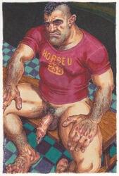 1boy arm_hair balls barefoot black_hair chest_hair daddy dilf flaccid foreskin gay genital_warts hairy hairy_legs light_skin long_foreskin looking_at_viewer male male_only michael_kirwan mohawk_(hairstyle) muscular nipples_visible_through_clothing original penis pubic_hair solo spread_legs thick_eyebrows tough_guy traditional_media uncircumcised unwashed_cock yaoi
