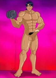 1boy abs bara beefcake biceps big_muscles bodybuilder completely_nude_male dumbbell erection exercise flexing handsome human hunk male male_only muscle muscles muscular muscular_male nippleless_male nude pecs penis ponytail raymond_(totally_spies) serratus_anterior shiny_skin skin solo standing testicles tied_hair totally_spies weightlifting