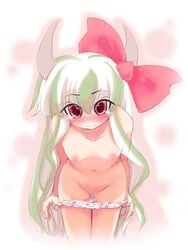 1girls big_bow blush breasts ex-keine female green_hair horns keine_kamishirasawa lingerie long_hair nipples nude panties pussy_juice red_eyes solo tail tear touhou uncensored usoneko wet