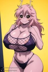 1girl breasts ashido_mina black_sclera solo colored_sclera pink_hair horns smile colored_skin yellow_eyes huge_breasts pink_skin cleavage looking_at_viewer navel long_hair covered_nipples alternate_breast_size blush web_address fishnets underwear areola_slip yellow_background curvy watermark thighs panties abs thick_thighs cowboy_shot mina_ashido boku_no_hero_academia my_hero_academia unjobdespiert ai_generated 1female huge_ass big_breasts big_ass 1girls 2026 artist_name hi_res highres high_quality high_resolution patreon_username patreon