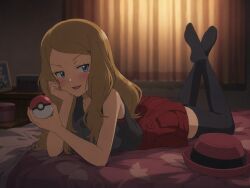 1girl ai_generated bed bedroom black_legwear black_tank_top black_thighhighs blonde_hair blue_eyes blush chin_rest crossed_ankles curtains fedora feet_up hand_on_cheek hat holding_poke_ball knees_up legs_up long_hair looking_at_viewer lying mouth_open on_bed pillow poke_ball pokemon pokemon_trainer pokemon_xy prone red_hat red_shorts serena_(pokemon) sleeveless smile solo warm_lighting